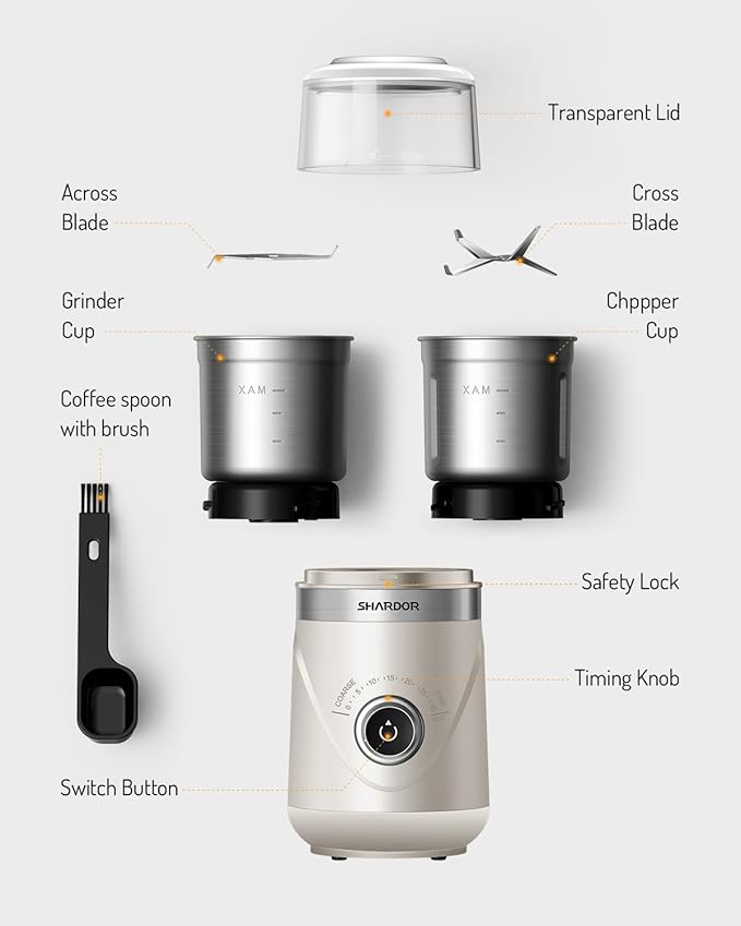 SHARDOR Electric Super Silent Blade Coffee Grinder, Timed Grind Control Rotary Knob, Adjustable Coarse to Fine for Coffee Beans, Spices & Herbs, with 2 Removable Stainless Steel Bowl, Cream