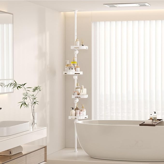shuang qing 4-Tier Corner Shower Caddy Tension Pole Organizer - Adjustable Rustproof Metal Tension Pole, Plastic Shelves with Safety Guardrail, Bathroom Storage for Shower & Bathtub(White)