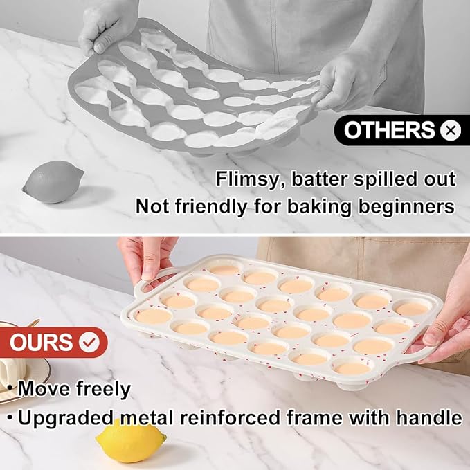 CAKETIME Mini Muffin Pan, Metal Reinforced Frame Mini Cupcake Pans 24 Cups Nonstick Muffin Silicone Molds with Handle for Baking Muffins, Cupcakes, Egg Bites 2 Pack Heart-Shaped
