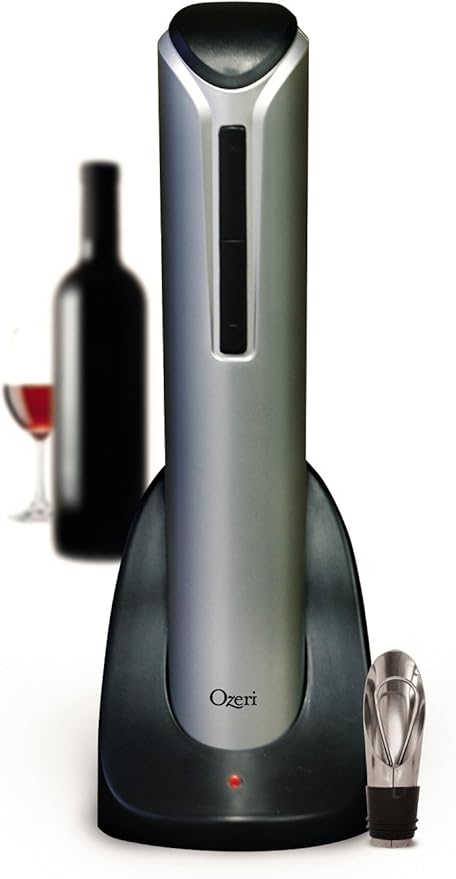 Ozeri Pro Electric Wine Bottle Opener with Wine Pourer, Stopper, Foil Cutter and Elegant Recharging Stand