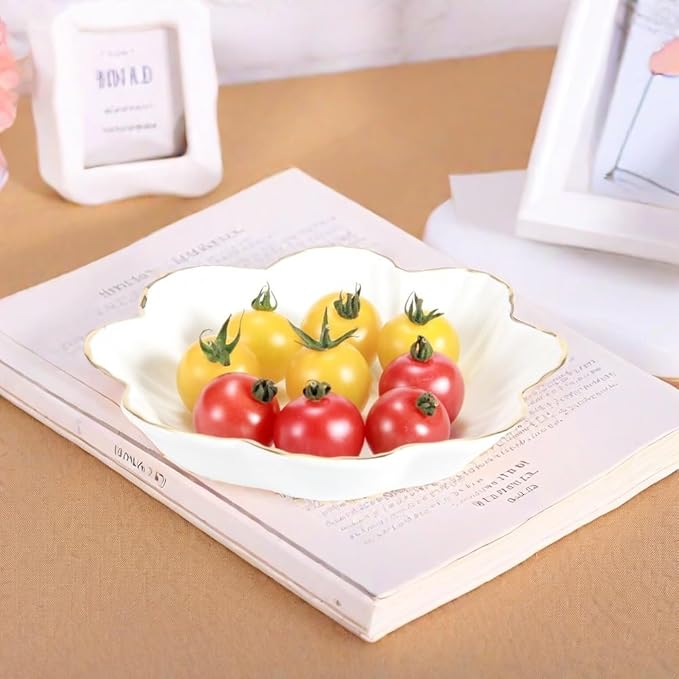 Porcelain Serving Dish,Ceramics Flower Relish Tray with Metallic Rim,Serving Bowls for Wedding,Party Perfect for Small Cereal, Pasta, Salad, Candy and Snacks White 8 inch (8 inch)