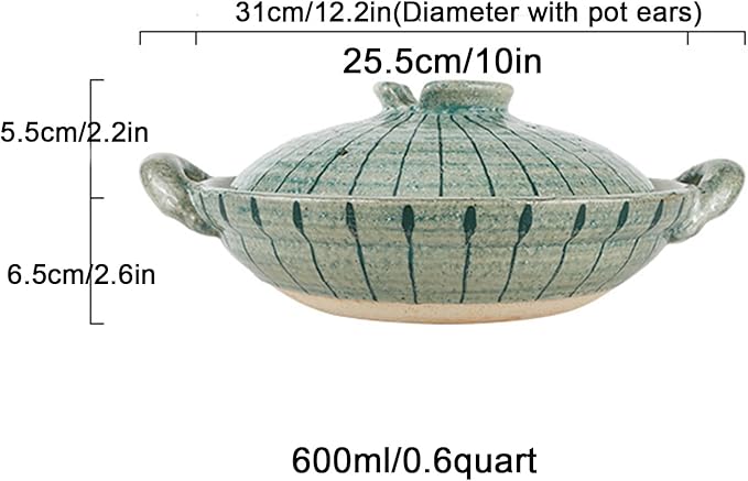 Heat Resistant Ceramic Casserole, Round Earthen Pot Cookware with Lid for Dinner and Party, Uniform Heating Stockpot for Stew, Soup, Steam, Bake(600ml/0.6quart, Green)