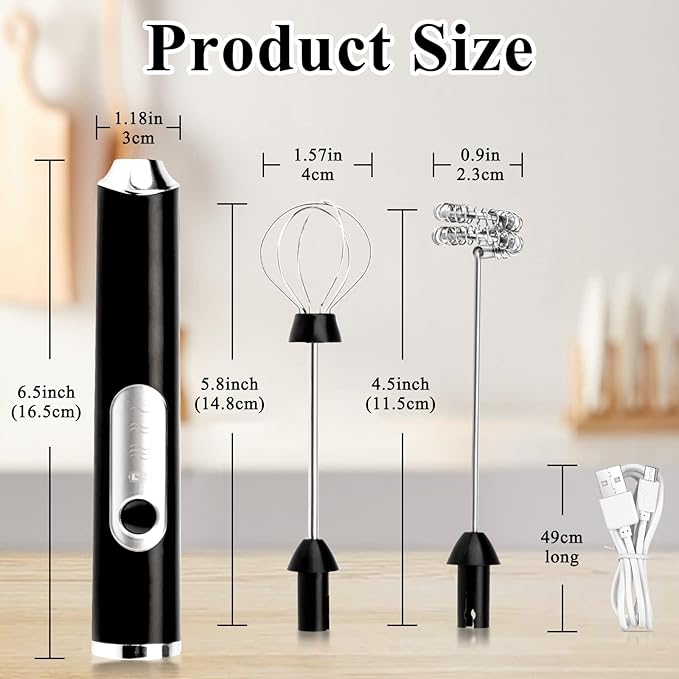 Electric Double Whisk Milk Frother Handheld Black USB Rechargeable Drink Mixer, 3 Speeds Adjustable Electric Whisk Foam Maker Detachable for Coffee, Lattes, Matcha, Hot Chocolate