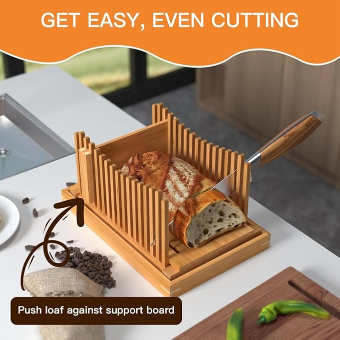 Bamboo Wood Bread Slicer for Homemade Bread Toast Cutting Board, Adjustable Thickness Breadmaker for Loaf Cakes A