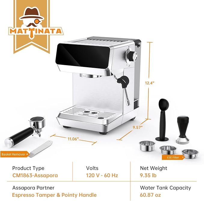MAttinata Espresso Machine 20 Bar, Espresso Coffee Maker with Professional Milk Frother Steam Wand for Cappuccino & Latte, 60oz Removable Water Tank for Home,Stainless Steel