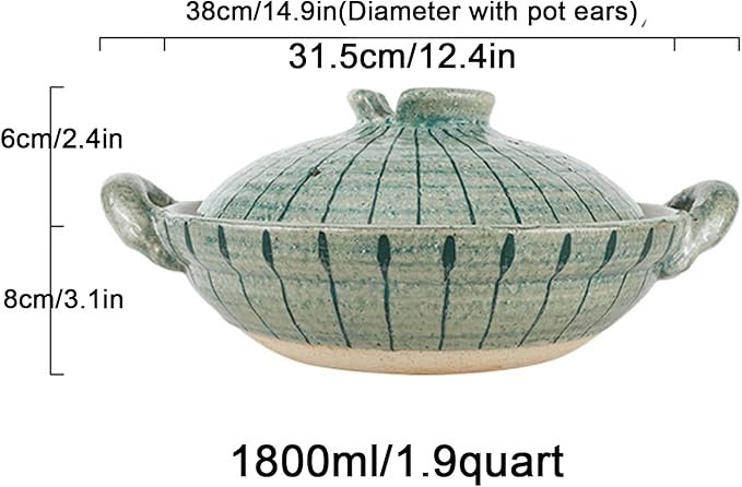 Heat Resistant Ceramic Casserole, Round Earthen Pot Cookware with Lid for Dinner and Party, Uniform Heating Stockpot for Stew, Soup, Steam, Bake(1800ml/1.9quart, Green)