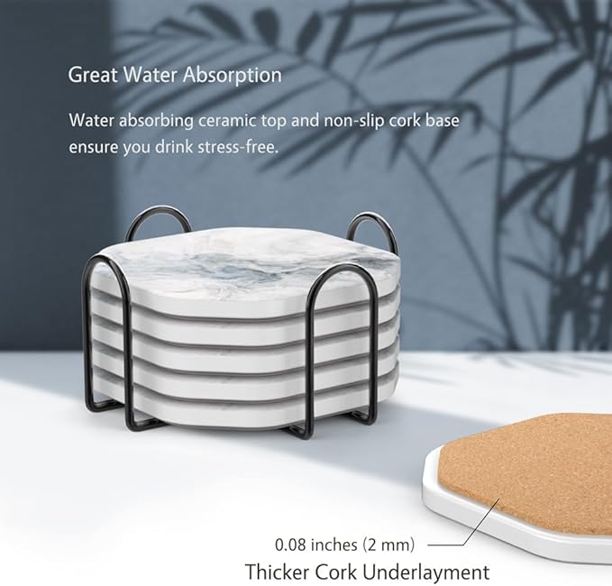 UMIRRO Ceramic Stone Coasters for Drinks Absorbent with Holder for Wooden Coffee Table, Stoneware Cup Coasters for Iced Cold or Hot Drinks, White Marble Style, Gold, 4" Set of 6
