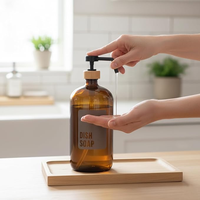 SAVVY & SORTED Amber Glass Dish Soap Dispenser for Kitchen Sink 1 Liter, Large Kitchen Soap Dispenser Set with Permanent Label, Refillable Glass Bottle for Dish Washing Liquid, 34 Fl Oz