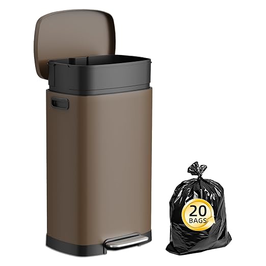 KdbK 13 Gallon Trash Can with Lid, 50L Fingerprint Proof Stainless Steel Kitchen Trash Can with Removable Inner Bucket and Lid Soft Close, Pedal Rubbish Bin for Home Office, Brown