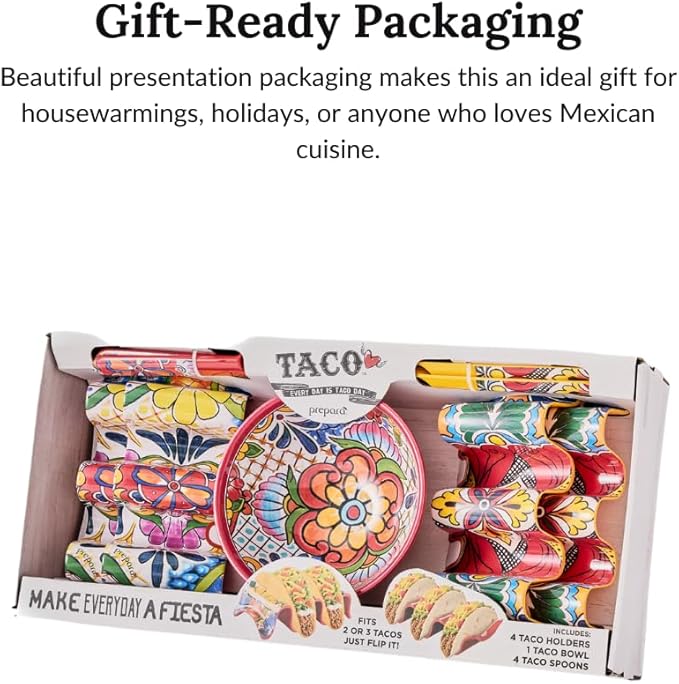 Prepara Taco Gift Set, Talavera - Taco Fiesta Talavera Pattern Serving Set for Taco Tuesday Night Parties, 6-Inch Party Bowl, 4 Taco Spoons for Easy Scooping, 4 Reversible Taco Holders