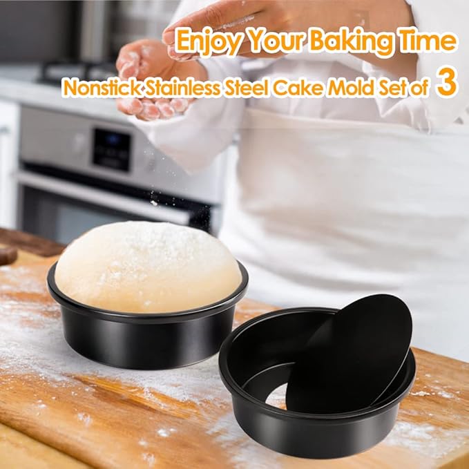 6 Inch Round Cake Pan Set of 3, Nonstick Coating Baking Round Cake Pans with Remvable Bottom for Birthday Layered Cakes,Party, Circle Cake Tins With Wider Grips for Oven Air Fryer, Black