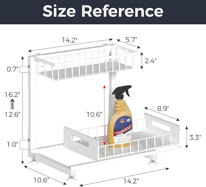 L-Shaped Under Sink Organizer, 2-Tier Pull Out Metal Kitchen Cabinet Organizer with Sliding Storage Drawer, Height Adjustable Heavy Duty Under Bathroom Sink Storage for Cleaning Supplies 1 Pack