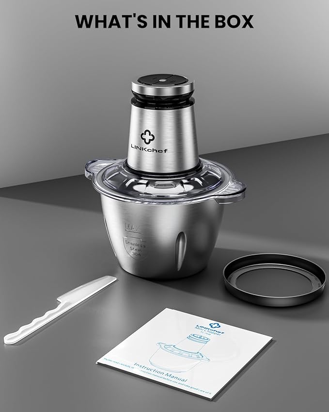 LINKChef Food Processor Small, 10 Cup Food Chopper with Container, 2.3L 600W Electric Meat Grinder for Home Use, Stainless Steel Mini Food Processor for Kitchen, Vegetable, Onion, Garlic, Salad