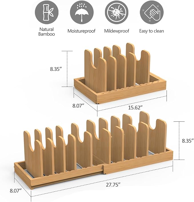 Expandable Pot Lid Organizer, Bamboo Pot and Pan Organizer for Under Cabinet, 16" to 28" Adjustable Length and 10 Dividers