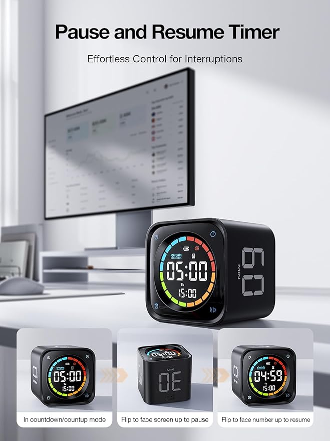 TK3 Pomodoro Timer Cube, Desk Productivity Timer with 5/10/30/60 Min Presets, Custom Countdown, Stopwatch, Clock, 3 Alarm, Silent, Vibrate & Sound Alert, for Task, ADHD, Study, Kitchen, Black