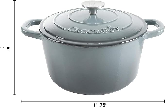 Crock Pot Artisan 5-Quart Round Enameled Cast Iron Dutch Oven – Slate Gray, Heavy-Duty Cookware for Slow Cooking, Roasting, Baking with Lid
