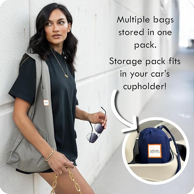 Urban Market Bags - Ocean - 3 Foldable Reusable Shopping Bags in 1 Compact Pouch, Luxury Quality, Durable Fabric, Holds 50+ lbs, Machine Washable, Pouch Fits in Cupholder, Designed in California