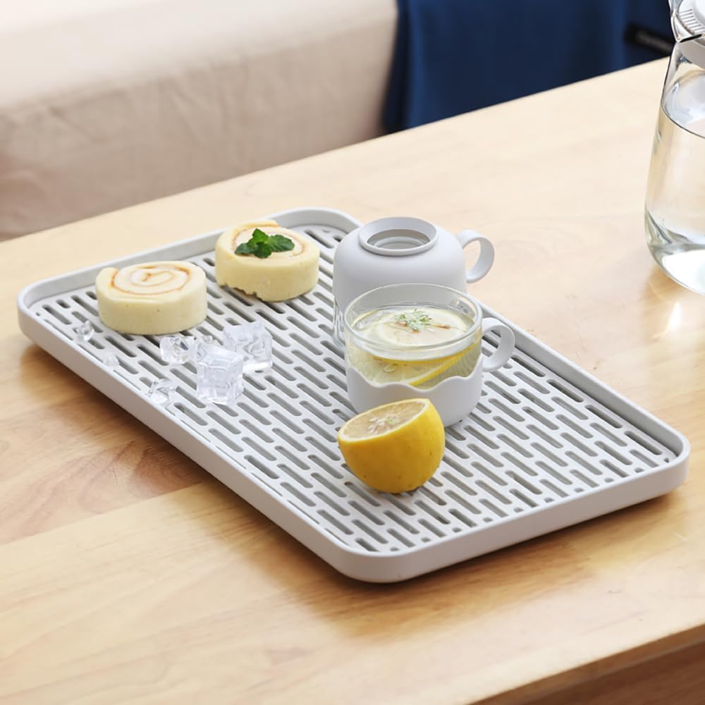 Plastics Drain Tray, Cup & Dish Drying Rack, Drain Board 2 Tier Non Slip Serving Tray with Drainboard Perfect for Sink, Coffee Table, Outdoor (12.2 x 7 x 0.98 in)