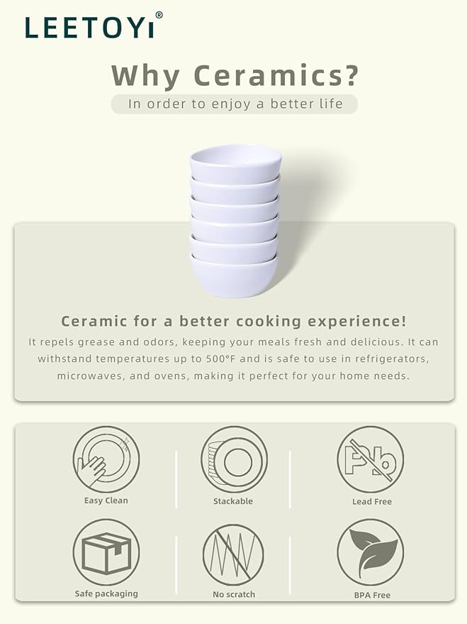 LEETOYI Mini Ceramic Ramekins Souffle Dishes 1.5 OZ, Small Dipping Bowls, Sauce Dip Bowls for Kitchen Serving Sauce Condiments, Oven & Microwave Safe, Set of 6, White