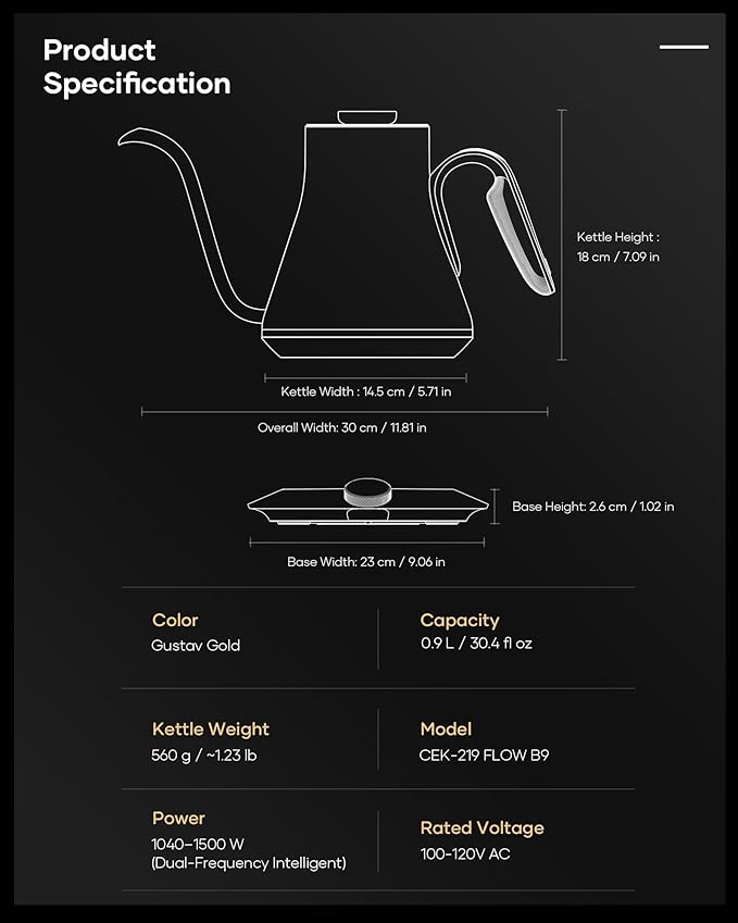 Cocinare Barista Collection Gooseneck Electric Kettle for Pour Over Coffee & Tea, ±1°F Temperature Control, 1500W Fast Heating, Keep Warm, Brew Timer, Stainless Steel Interior, 0.9L (Gustav Gold)