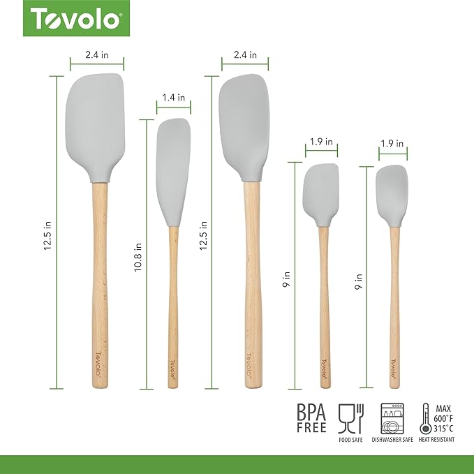 Tovolo Silicone Spatula with Wooden Handle Set of 5 Piece Silicone Kitchen Utensil Set Spoonula Jar Scraper Mini Spatula and Spoonula for Cooking Baking Mixing Folding Oyster Gray