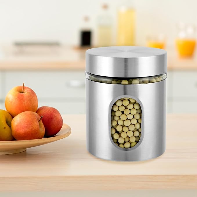 QWORK 6 Pack 20 oz Stainless Steel Glass Kitchen Canisters Set, Airtight Food Storage Containers with Window, for Flour Cookies Spices Grains