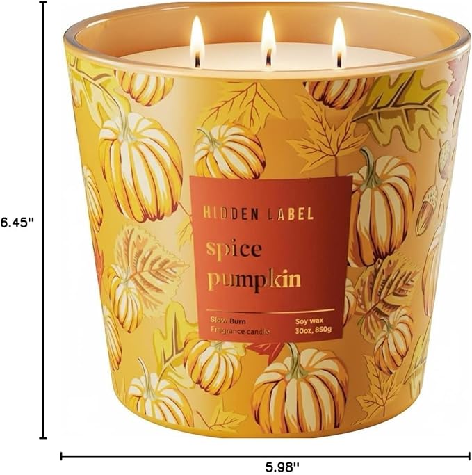 Hidden Label Pumpkin Spice Fall Candles, 3 Wick Large Scented Candle for Home, 30oz Natural Soy Candles for Home Scented,100 Hour Burn Time, Long Lasting Highly Scented Luxury Candle Gift