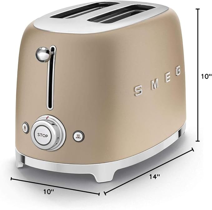 SMEG 2 Slice Toaster with 6 Presets and Defrost Function and Removable Crumb Tray TSF01CHMUS, Matte Champagne