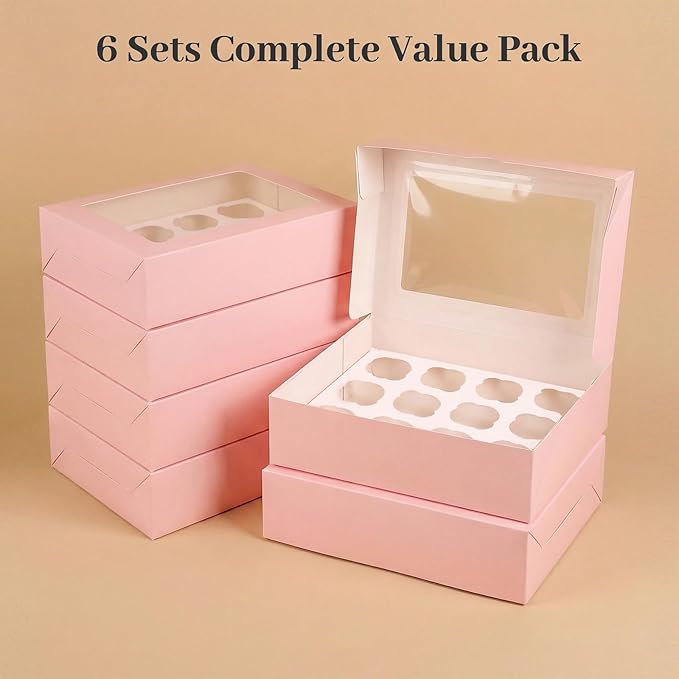 VGOODALL 12 Count Cupcake Boxes, 6PCS 13.2x9.8x4Inches Pink Cupcake Container with Window Boxes Holding 72 Pastry Box for Birthday Holiday Party Bakery Supplies