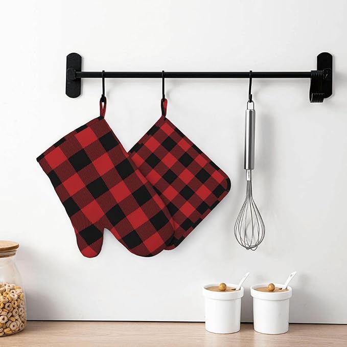 Red Black Buffalo Plaid Checker Oven Mitts and Pot Holders Set Silicone Heat Resistant Red Black Checker Kitchen Gloves Set Plaid Kitchen Mittens Pot Holders for BBQ Cooking