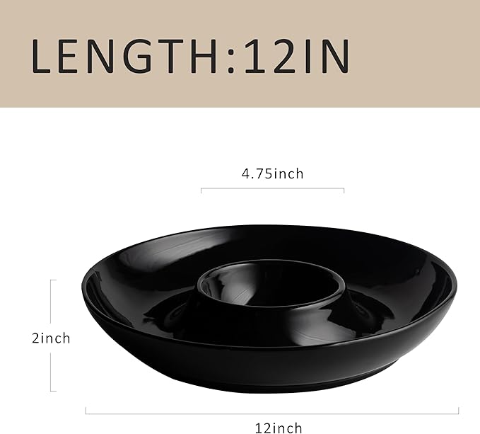 LEHAHA Ceramic Chip and Dip Serving Set, 12 Inch Large Divided Bowls Set for Salsa, Veggies, Dip, Appetizers, Snacks, Candy, Fruits-Relish Trays for Parties and Entertaining, Black