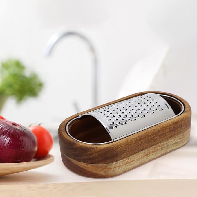 Cheese Grater - Stainless Steel With Wood Container, Hand Mini Shredder Zester Box for Kitchen