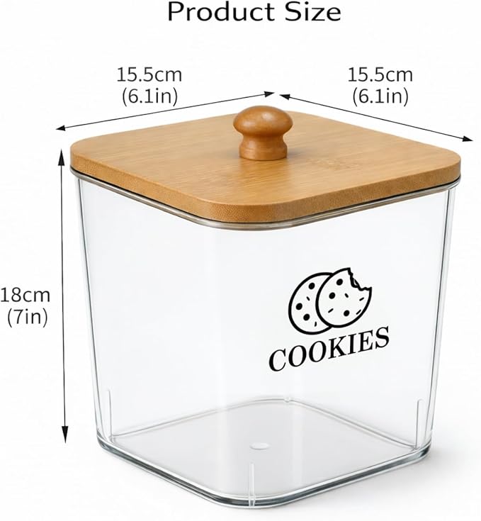 Cookie Jars with Wooden Lids Airtight, 2L Plastic Cookie Tin, Wide Mouth Candy Jar, Kitchen Counter Food Storage Container, Cute Jar for Gift Giving, BPA-Free, Clear