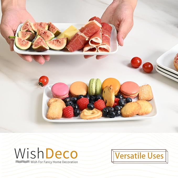 WishDeco Small Rectangle Plates Set of 6, White Serving Platters 9 inch, Ceramic Sushi Plates, Serving Plate for Appetizer, Dessert, Party, Microwave Safe