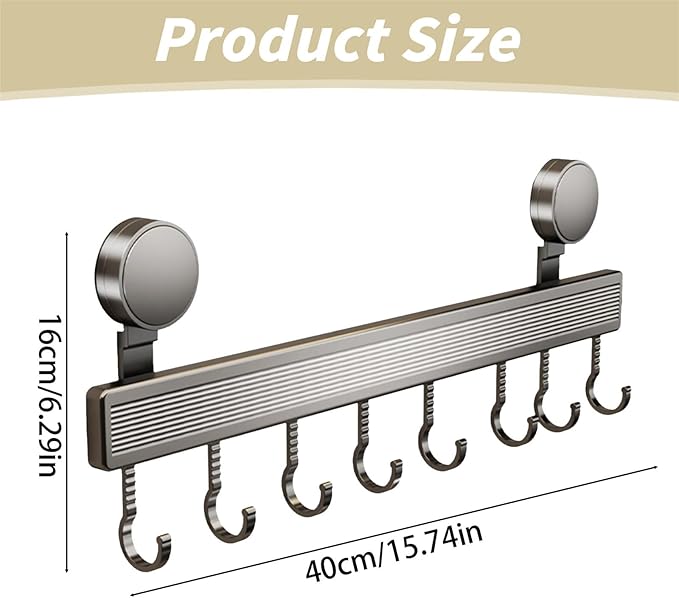 Kitchen Utensil Hooks with Suction Cup, Removable, Aluminum, 40 cm, 8 Hooks, No-Drill, Waterproof, 20 kg Capacity