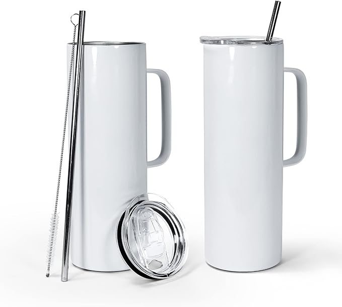 AGH 30oz Sublimation Straight Skinny Tumblers with Handle, 4 Pack Stainless Steel Coffee Mug with Handle, Insulated Tumblers with Lid & Straw, Portable Travel Tumblers for Coffee & Juice.