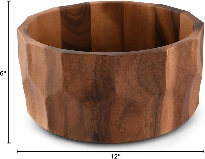 Arthur Court Acaica Wood Salad Serving Bowl for Fruits or Salads - Curved Faced Diamonds Sides Modern Centerpiece Bowl 12 inch Diameter 6 inch tall