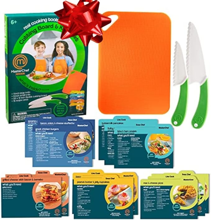 MasterChef Junior Kids Knife & Cutting Board Set- Includes Real Cutting Tools and 15 Cooking Baking Recipes- Silicone Non Slip Grip for Easy Use & Food Safe for Children- Party Activity Supplies Gift