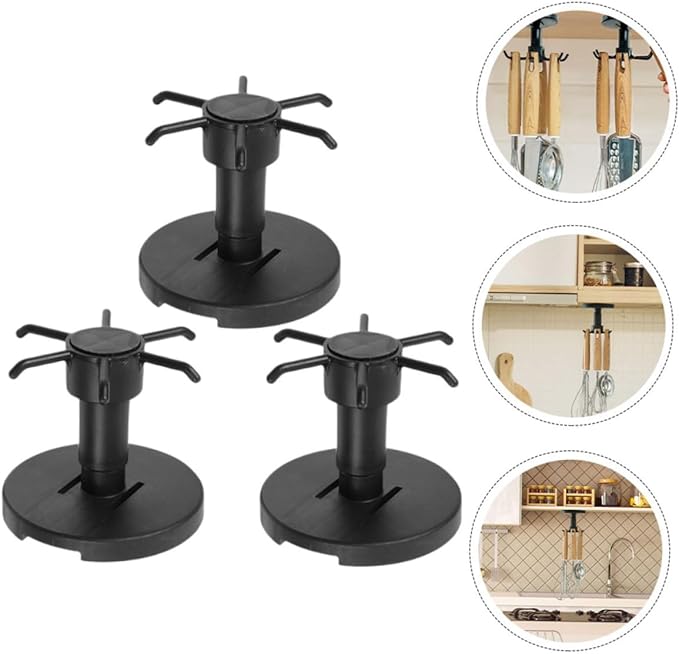3pcs Kitchen Utensil Hooks Set with Rotating Under Cabinet Hanging Rack, Black Plastic Multi-Functional Wall Hook for Kitchen Storage and Organization