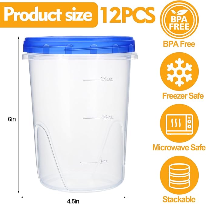 Palksky Freezer Storage Containers with Lids (12 Pack) - 30 oz Round Plastic Food Containers for Meal Prep, Soup, Deli & Leftovers