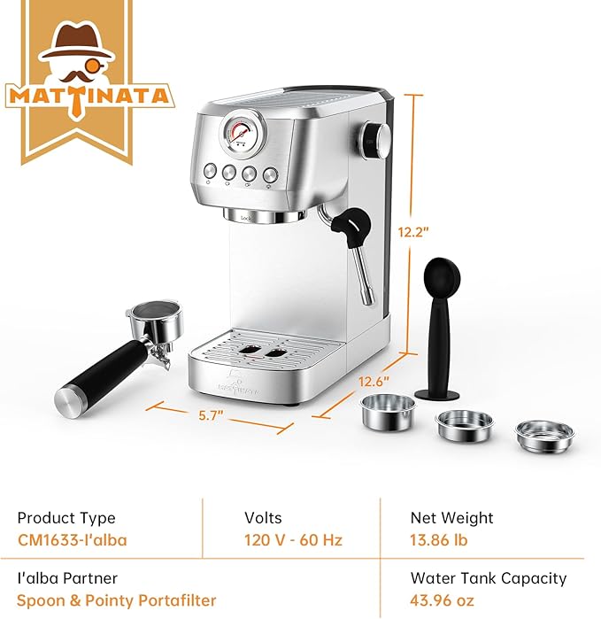 MAttinata Espresso Machine 20 Bar, Espresso Coffee Maker with Professional Milk Frother Steam Wand for Cappuccino & Latte, 49oz Removable Water Tank for Home, Stainless Steel