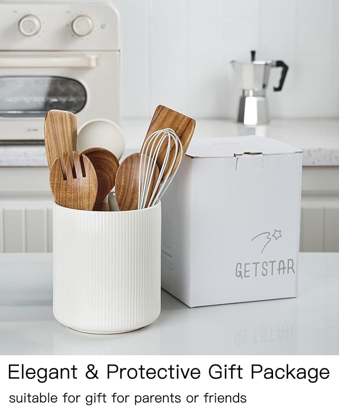 getstar Large Kitchen Utensil Holder, 7.2" Vintage Ceramic Utensils Crocks for Kitchen Counter with Non-Slip Cork Mat, Farmhouse Cooking Tool Organizer for Kitchen Counter Decor