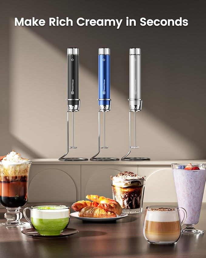 Maestri House Rechargeable Milk Frother with Stepless Speed Control, Handheld Electric Foam Maker Waterproof Drink Mixer Foamer with Stainless Steel Stand & Whisks