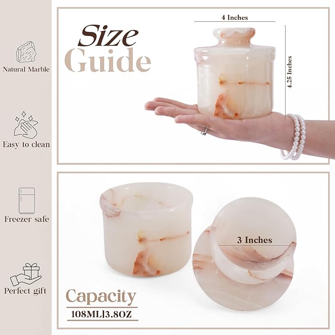 White Onyx Marble Butter Crock 4.25 Inches Handmade Butter Dish with Lid for Kitchen Countertop, French Butter Crock, Onyx Butter Bell, Water Sealed Butter Dish, Kitchen Gift for Mom