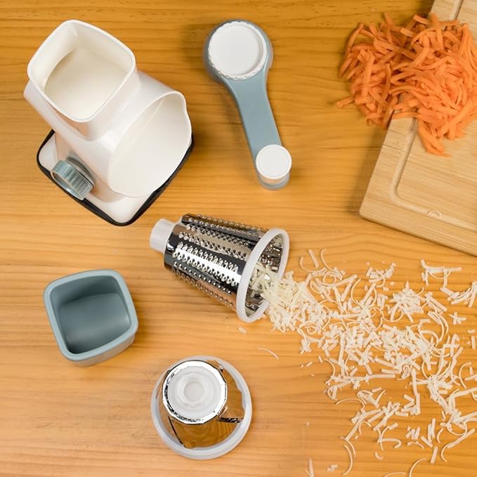 Cheese Grater Hand Crank Rotating Cheese Shredder Stainless Steel Vegetable Slicer Grater for Kitchen 3 Blades for Cheese, Carrot, Cucumber, Nuts, Chocolate, White