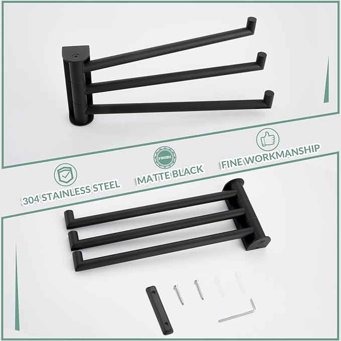 APLusee Swivel Towel Rack for Bathroom Wall Mounted, SUS 304 Stainless Steel Swivel Door Towel Bar with Multi 3 Rotating Arms, Matte Black