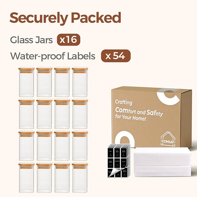 ComSaf 16Pcs Spice Jars with Labels, Glass Jar witj Bamboo Lid, 10oz Airtight Square Containers with Black Lables, Empty Seasoning Jars for Spice, Salt, Pepper, Sugar