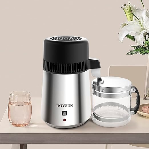 ROVSUN【Upgraded】 1.1 Gallon/4L Countertop Water Distiller Stainless Steel for Home, 750W Distilled Water Machine Maker Water Distillers with Glass Container, 1L/H, Silver