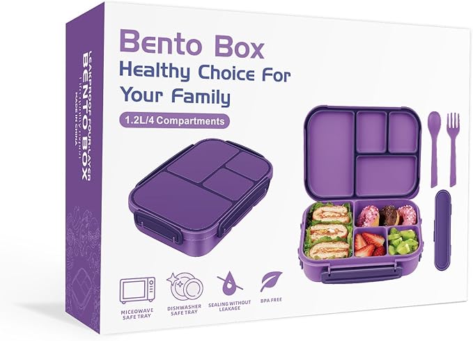 Amathley Lunch Box Kids,Bento Box Adult,Leakproof Lunch Containers for Adults/Kids/Toddler,1200ML-4 Compartments bento Lunch box with Utensil,Microwave & Dishwasher & Freezer Safe (Purple)