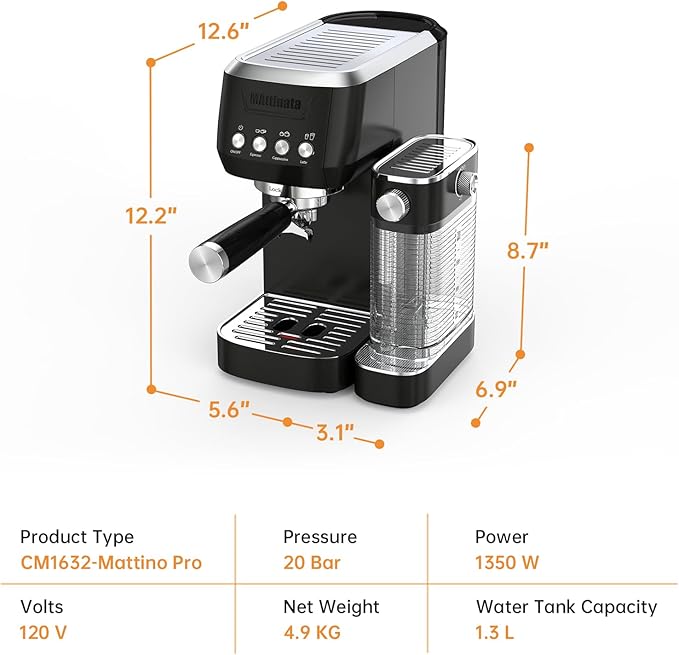 MAttinata Cappuccino Machine 20 Bar, Professional Espresso Machines for Home and Office with Automatic Milk Frothering System, Barista Compact Latte Maker for Coffee Lovers, Stainless Steel-Black